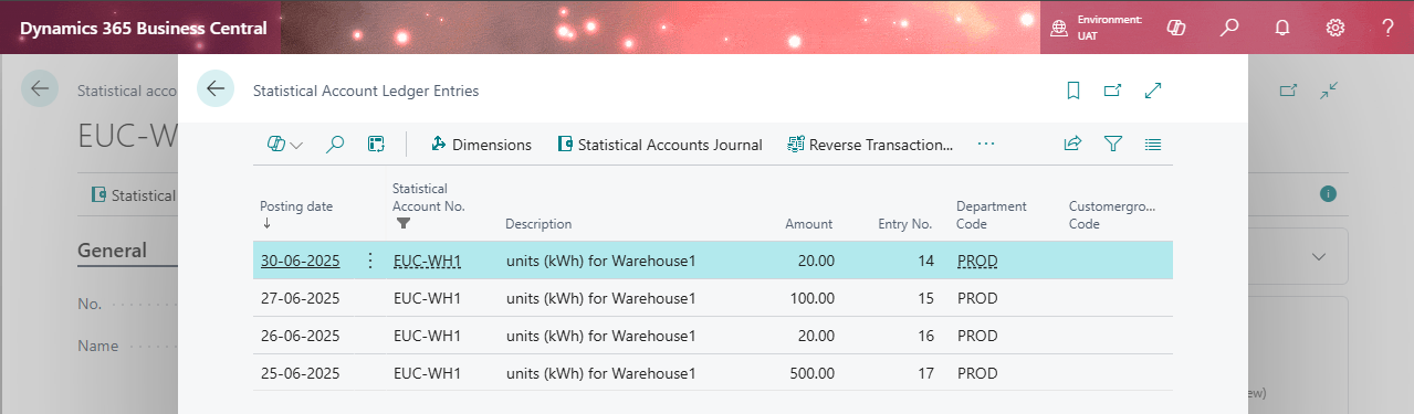 Statistical Account Ledger Entries in Dynamics 365 Business Central showing posted non-financial data entries with dates, amounts, and dimensions